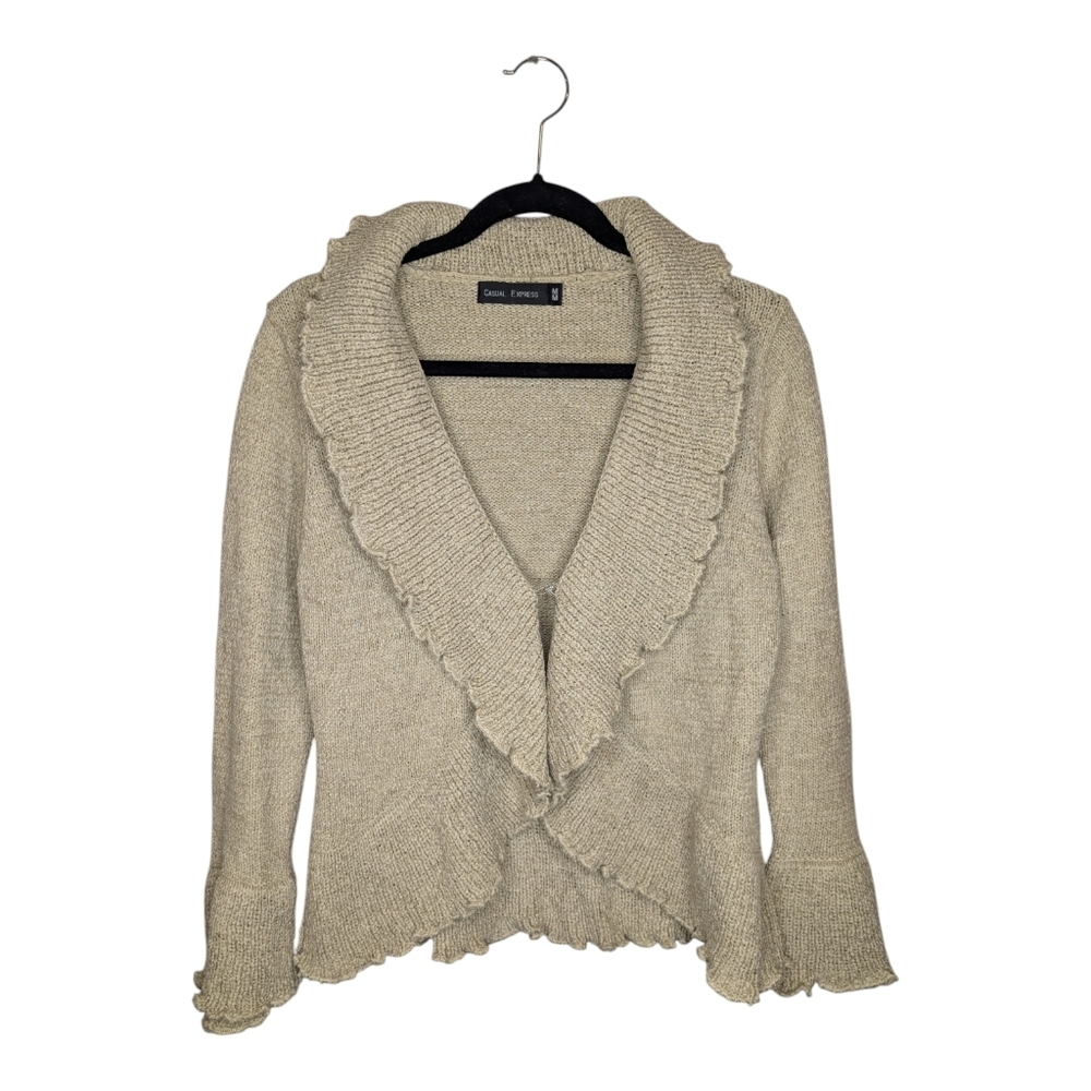 Casual Express 90s Y2K Beige Knit Ruffle Cardigan Sweater Women’s Medium